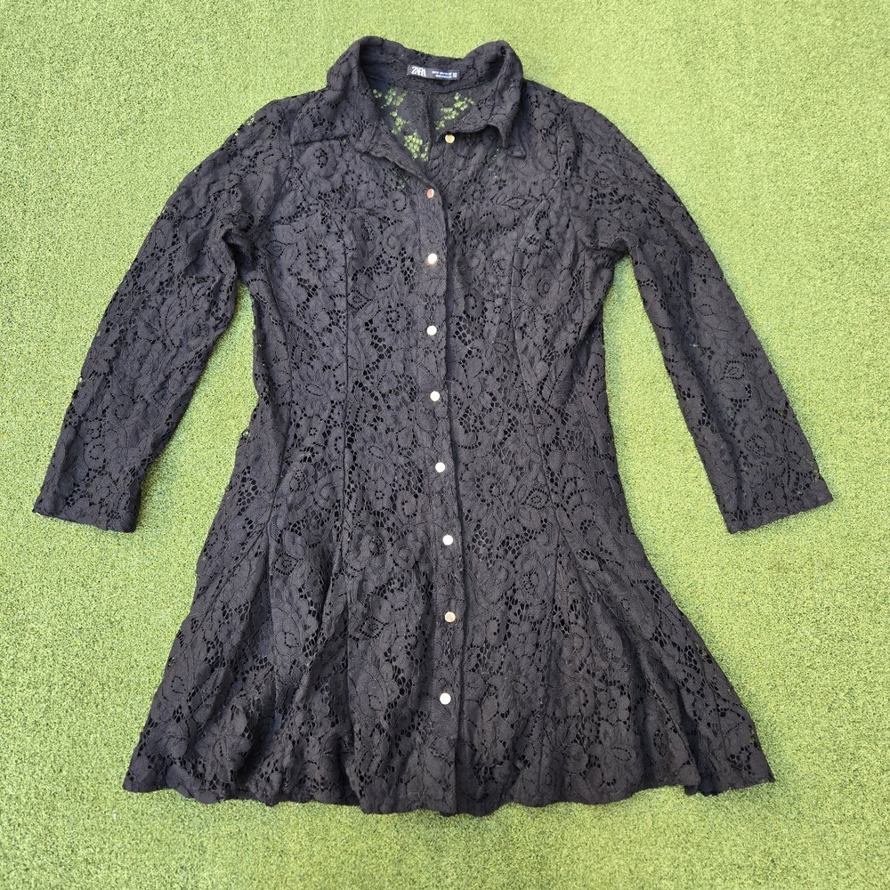 ZARA BLACK FLORAL LACE COLLARED MINI A-line SHIRTDRESS size Medium